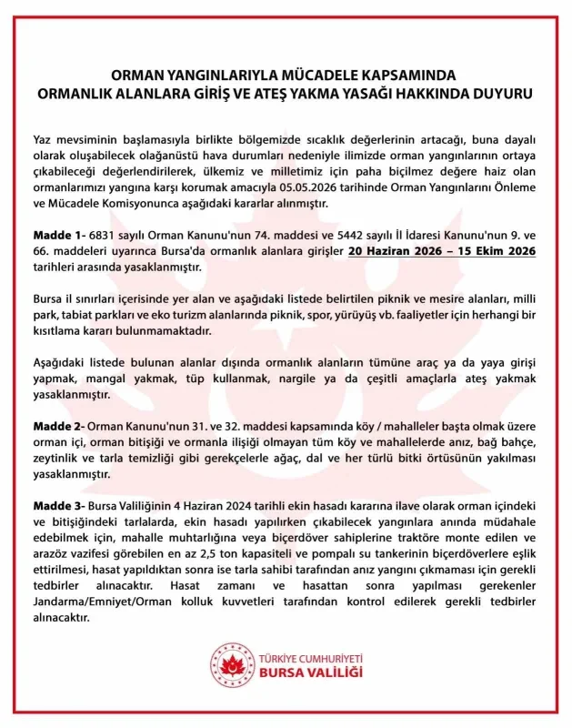 Bursa'da ormanlara girişler 20 Haziran-15 Ekim arasında yasak