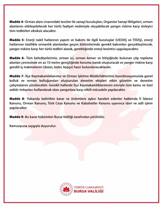 Bursa'da ormanlara girişler 20 Haziran-15 Ekim arasında yasak
