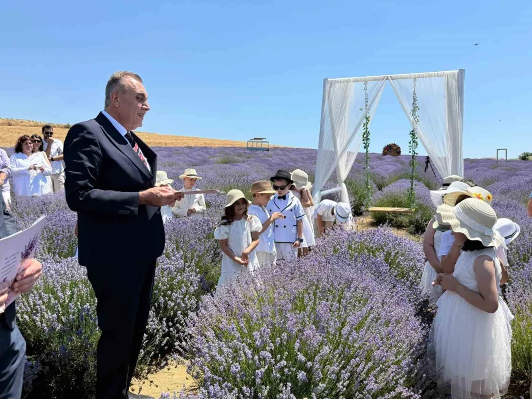 Tekirdağ Yazır'da lavanta tarlasında renkli karne töreni