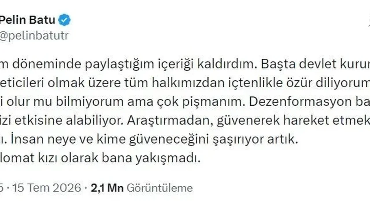 Pelin Batu, "Devlet yoktu" paylaşımı için özür diledi