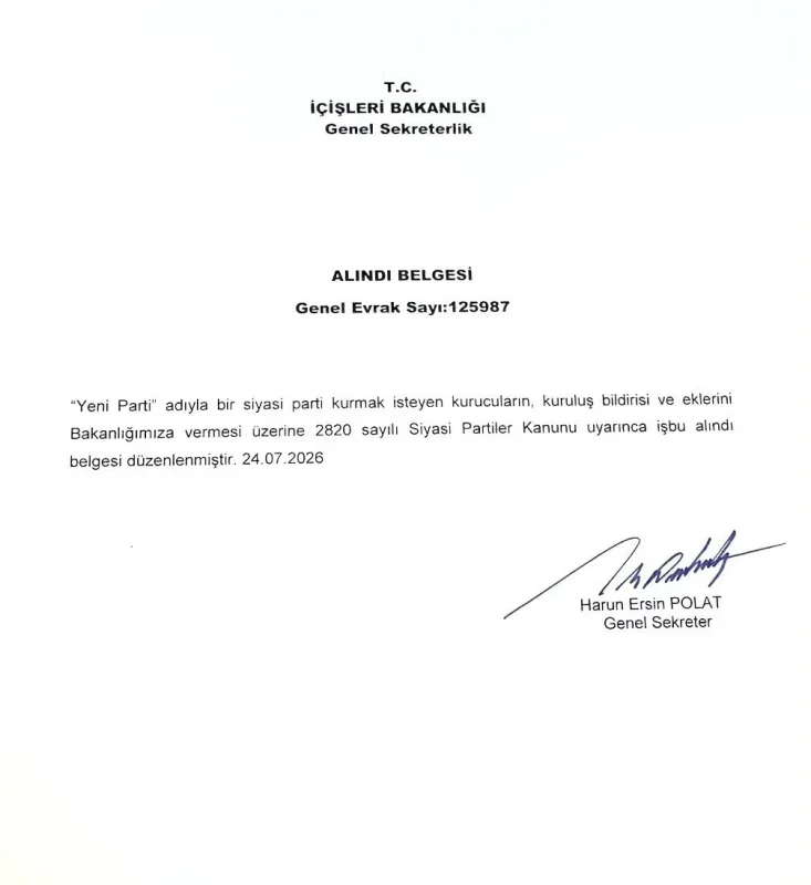Özgür Özel, YENİ Parti'nin alındı belgesini paylaştı