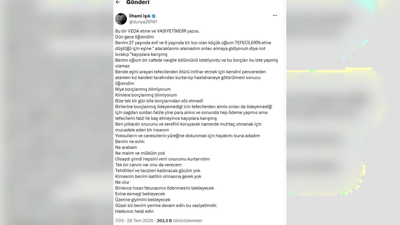 Yazar İlhami Işık'tan oğluyla ilgili veda ve vasiyet paylaşımı