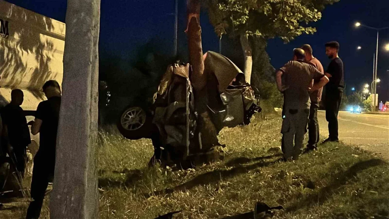 Sakarya Erenler'de otomobil ağaca çarptı, ikiye bölündü