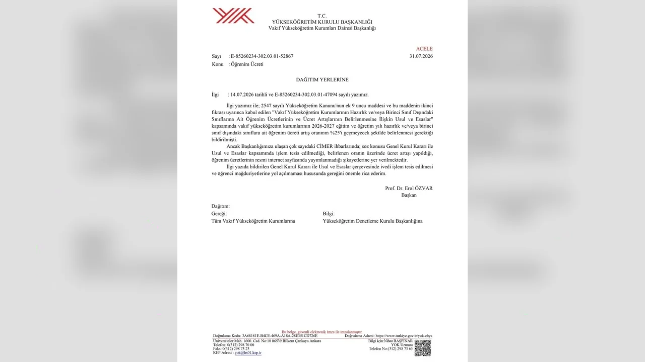 YÖK'ten vakıf üniversitelerine öğrenim ücreti uyarısı