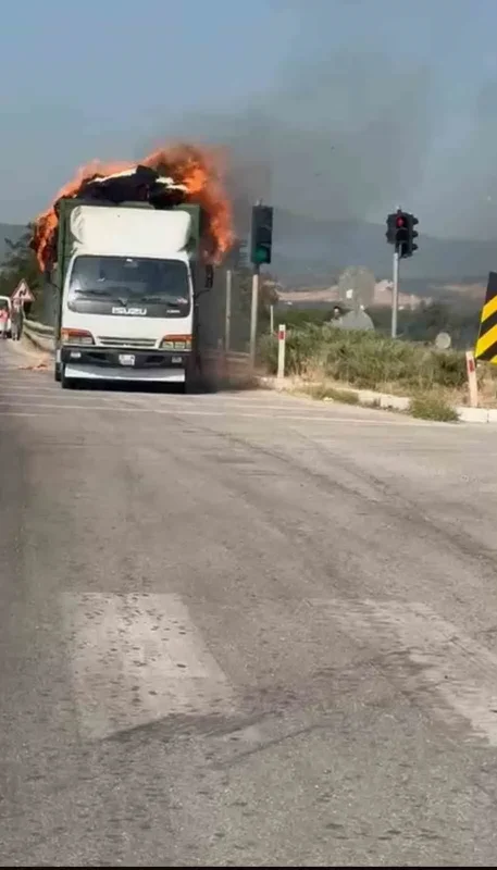Yenişehir'de saman yüklü kamyonet alev aldı, araç kül oldu