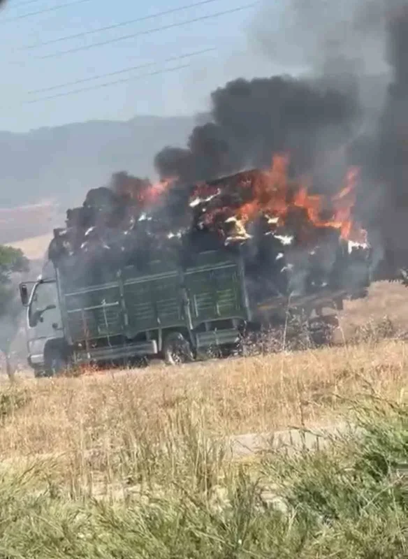 Yenişehir'de saman yüklü kamyonet alev aldı, araç kül oldu