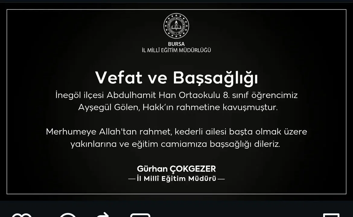 İnegöl'de 13 yaşındaki Ayşegül Gölen kazada hayatını kaybetti