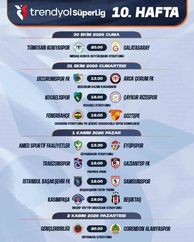 Trendyol Süper Lig'de 7-16. hafta maç programı açıklandı