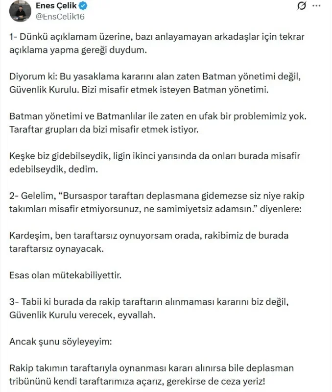 Bursaspor'dan Batman deplasmanı için taraftar yasağı tepkisi