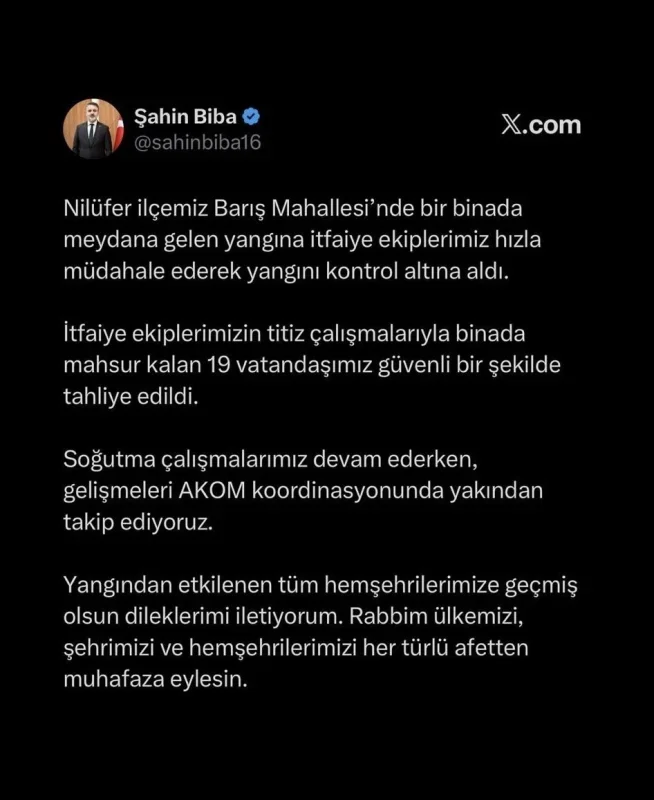 Bursa Nilüfer'de bina yangını: Mahsur kalan 19 kişi kurtarıldı