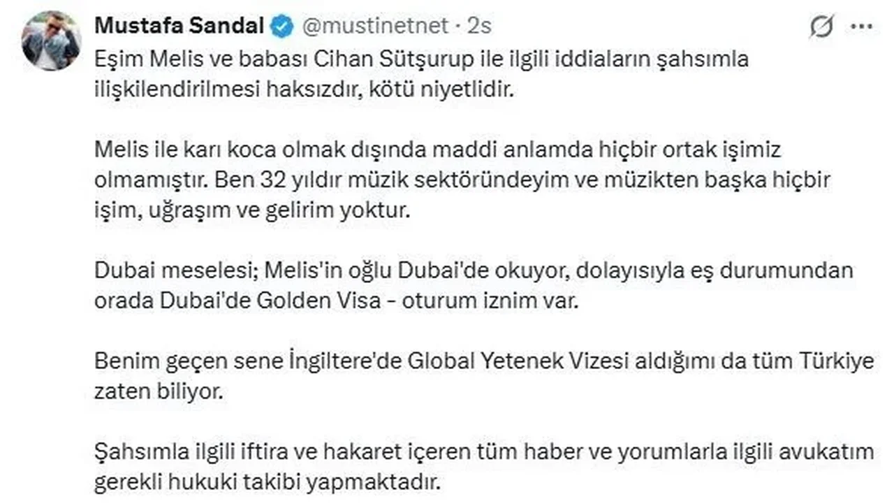 Mustafa Sandal'dan Melis Sandal iddialarına ilişkin açıklama