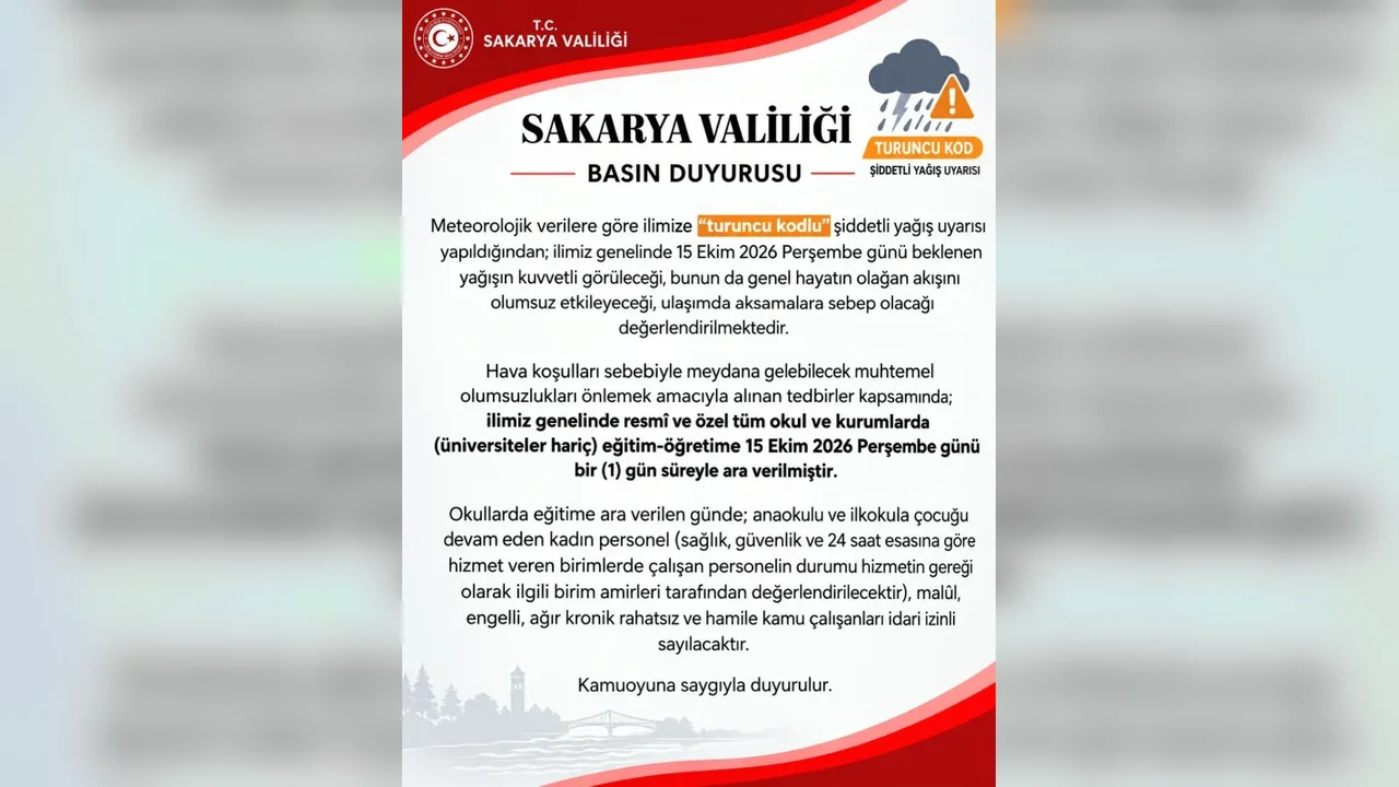 Sakarya'da okullar 15 Ekim'de 1 gün tatil edildi