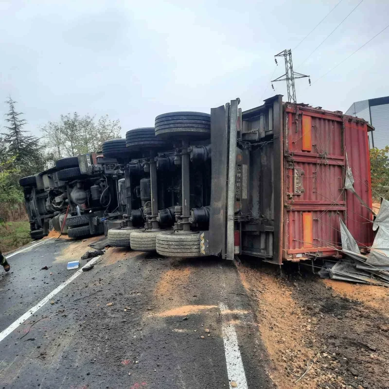 Tekirdağ'da kepek yüklü tır devrildi, yol kapandı