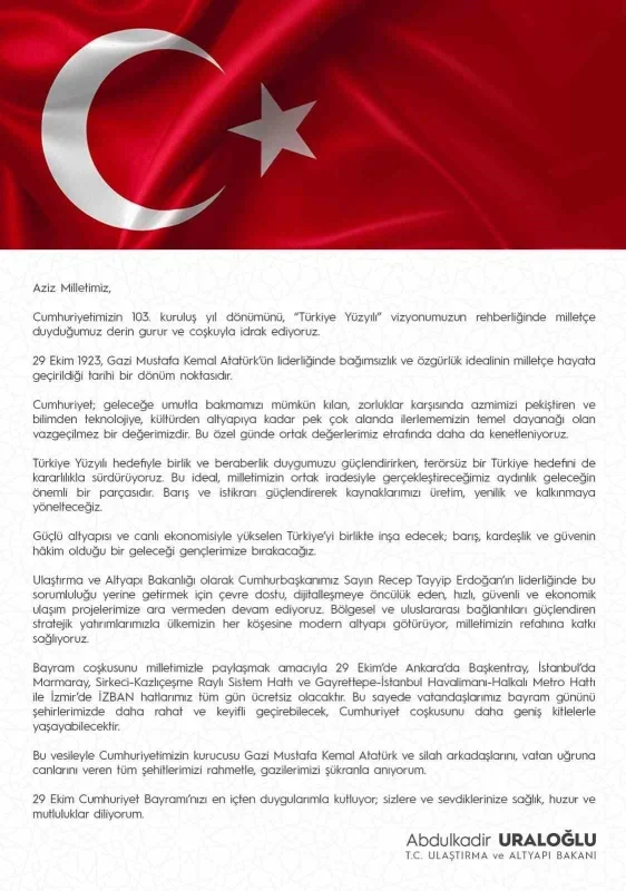 29 Ekim'de 3 kentte bazı raylı hatlar ücretsiz olacak